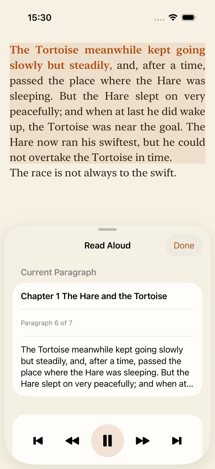 Read-aloud interface with highlighted paragraph and playback controls