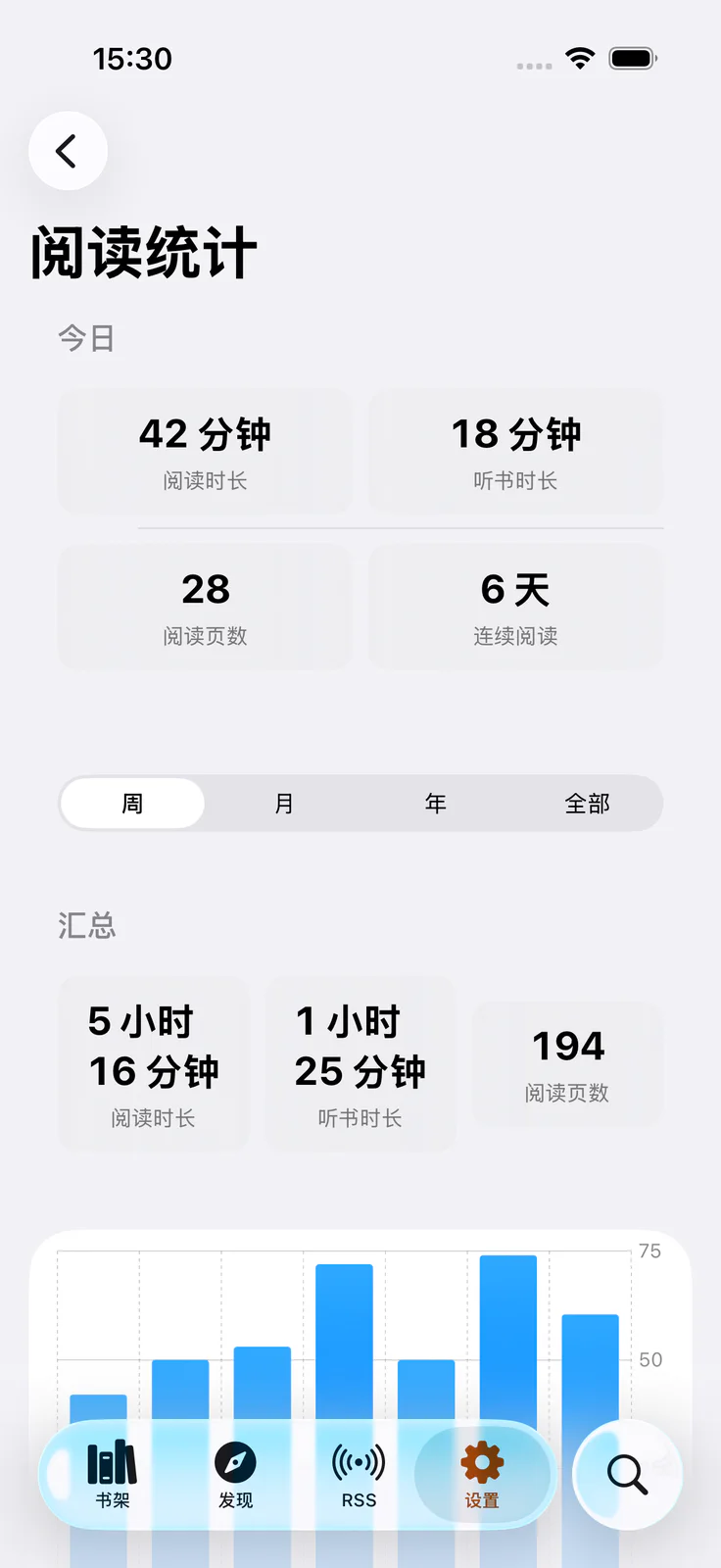 阅读统计：今日时长、连续天数与图表